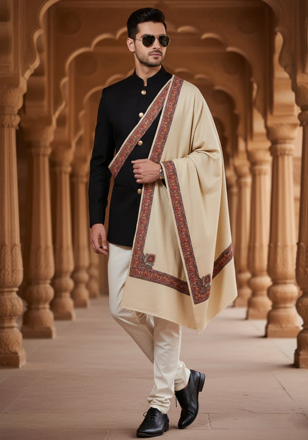 Woolen Mens Shawl in Beige with Multicolour Kashmiri-Inspired Embroidered Border (80 x 40 Inches)