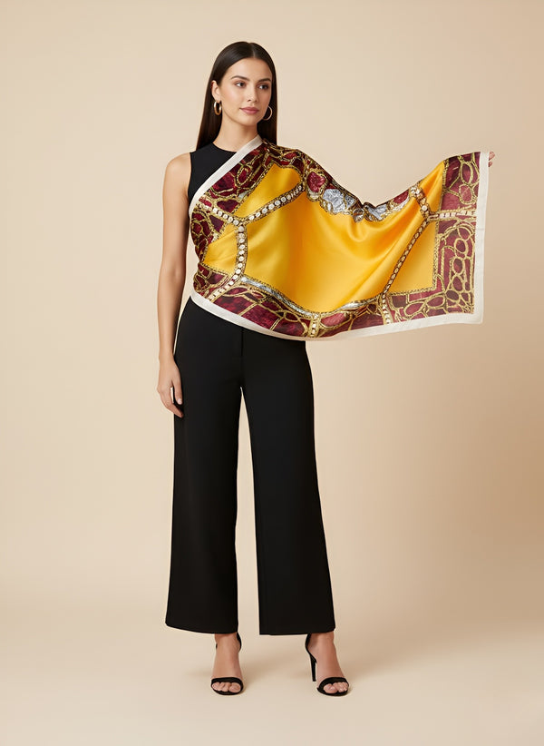 Printed Silk Women Stole with Artistic Motif Design | Elegant Lightweight Wrap (80 × 28 Inches)