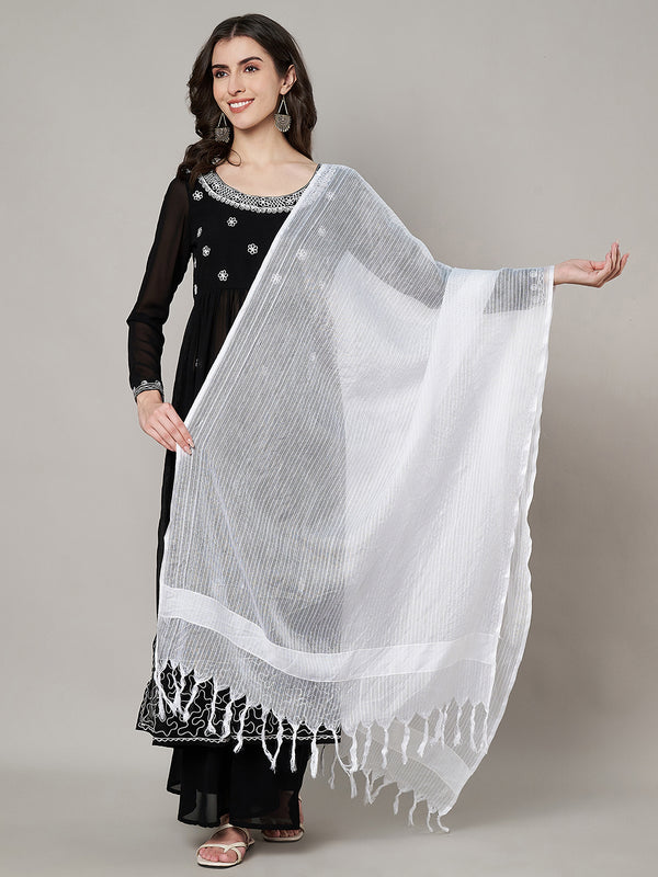 Elegant White Cotton Dupatta with Subtle Woven Stripes & Tassel Detailing (Size: 2.5x1 m Approx)