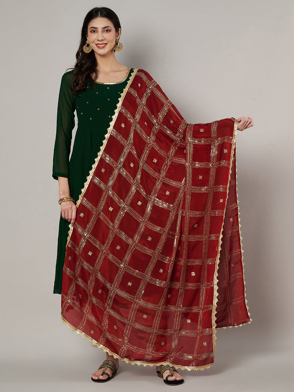 Maroon Chinon Dupatta with Gold Grid Embellishment (Size: 2.5x1 m Approx)