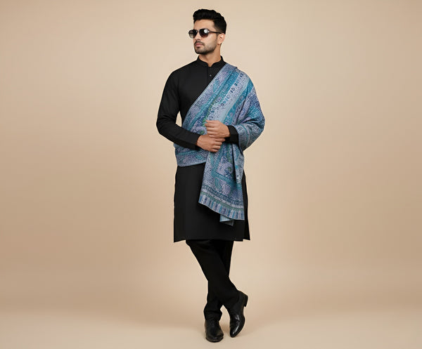 Kani Work Bamboo Silk Cutwork Mens Shawl – Teal & Blue Heritage Wrap (80 x 40 Inches)