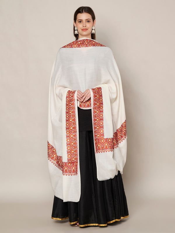 White Woolen Women Shawl with Traditional Embroidered Border (80 x 40 Inches)