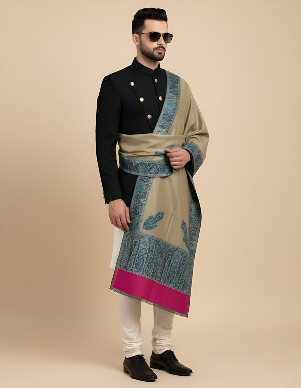 Bamboo Silk Gold Mens Shawl with Ornate Paisley Border | Classic Heritage Wrap (80 × 40 Inches)