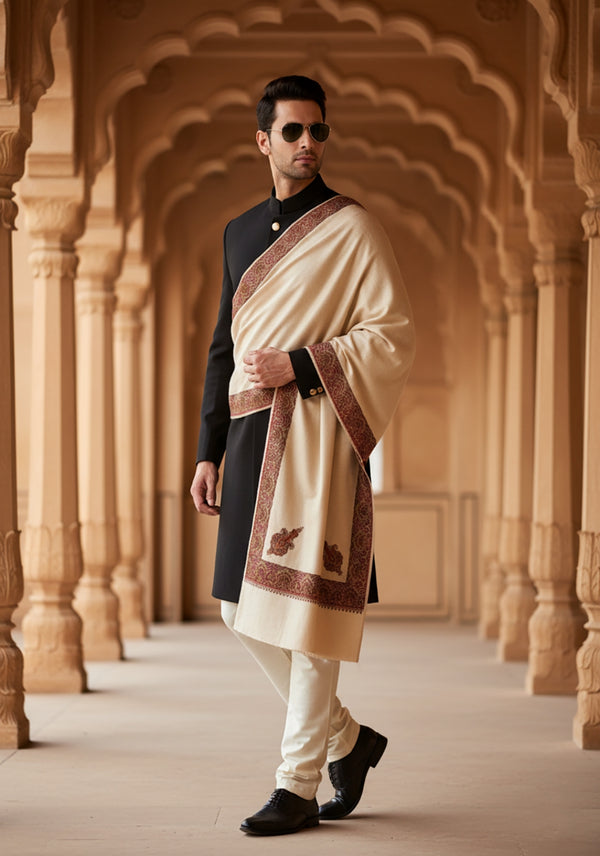 Elegant Beige Woolen Mens Shawl with Embroidered Border – Ethnic Wrap (80 x 40 Inches)
