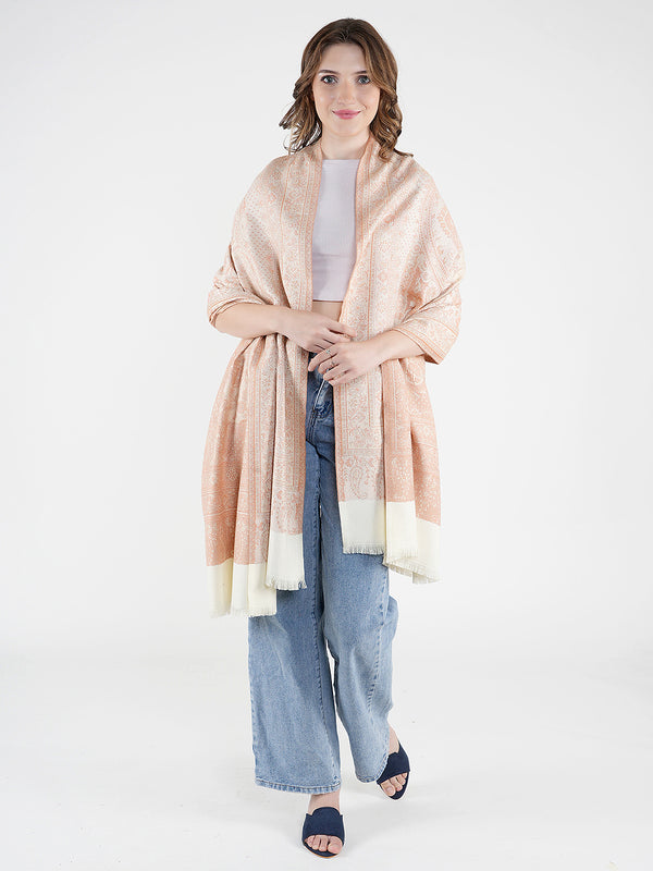 White Jamawar Wool Blend Women Shawl with Intricate Paisley Weave – 80×40 Inches