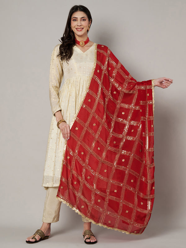 Red Chinon Dupatta with Gold Grid Embellishment (Size: 2.5x1 m Approx)