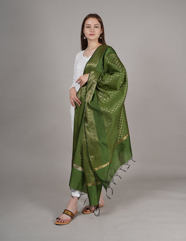 Green Banarasi Silk Dupatta with Gold Zari Buti & Ornate Border (Size: 2.5x1 m Approx)