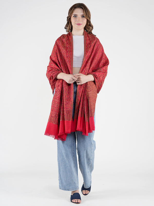 Red Jamawar Wool Blend Women Shawl with Intricate Paisley Weave – 80×40 Inches