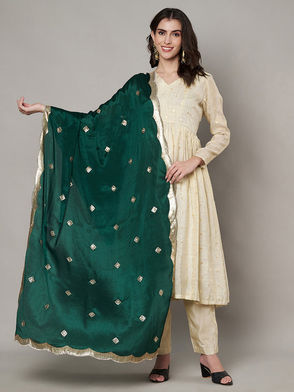 Bottle Green Chiffon Dupatta with Gold Motif Embellishment & Scalloped Border (Size: 2.5x1 m Approx)