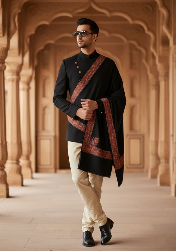 Woolen Mens Shawl in Black with Multicolour Kashmiri-Inspired Embroidered Border (80 x 40 Inches)