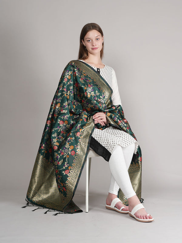 Bottle Green Paithani Silk Dupatta with Multicolour Floral Zari Weave (Size: 2.5x1 m Approx)