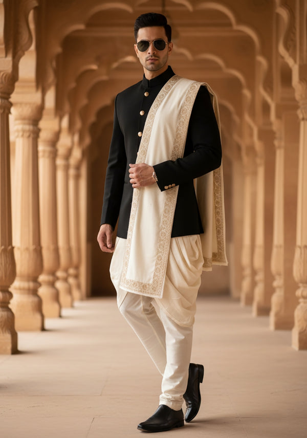 White Woolen Mens Shawl with Gold Border – 80x40 Inches