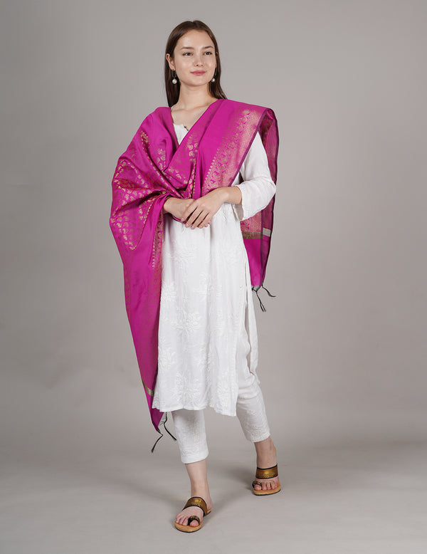 Pink Banarasi Silk Dupatta with Gold Zari Buti & Ornate Border (Size: 2.5x1 m Approx)