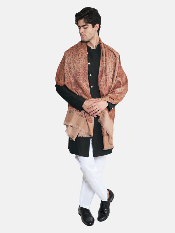 Brown Jamawar Wool Blend Mens Shawl with Intricate Paisley Weave – 80×40 Inches
