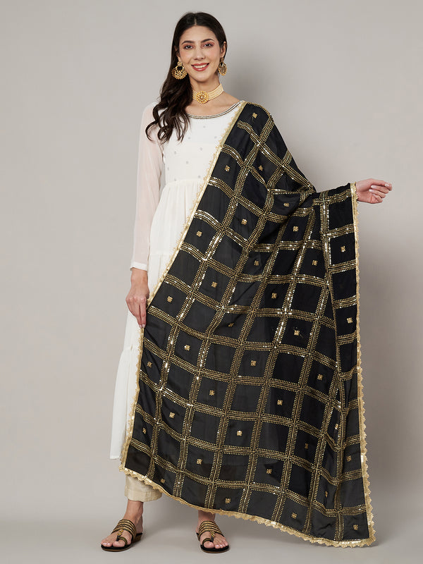 Black Chinon Dupatta with Gold Grid Embellishment (Size: 2.5x1 m Approx)