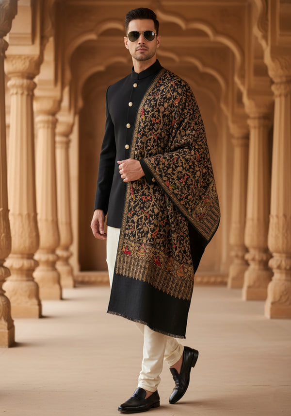 Woolen Mens Shawl with Traditional Bird & Floral Jaal Motifs and Ornate Woven Border (80 x 40 Inches)