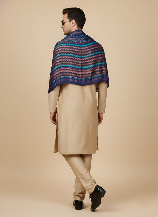 Woolen Zig-Zag Moonlight Zari Mens Stole | Heritage Wrap (80 x 28 Inches)