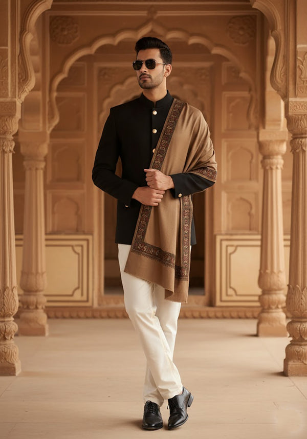 Woolen Mens Shawl in Warm Mocha Brown with Heritage-Inspired Embroidered Border (80 x 40 Inches)