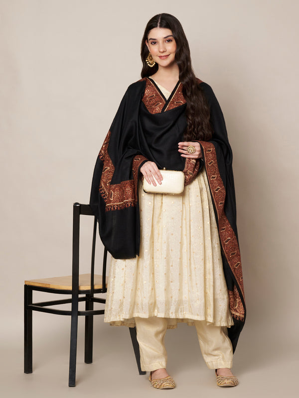 Woolen Women Shawl in Warm Black with Intricate Traditional Embroidered Border (80 x 40 Inches)