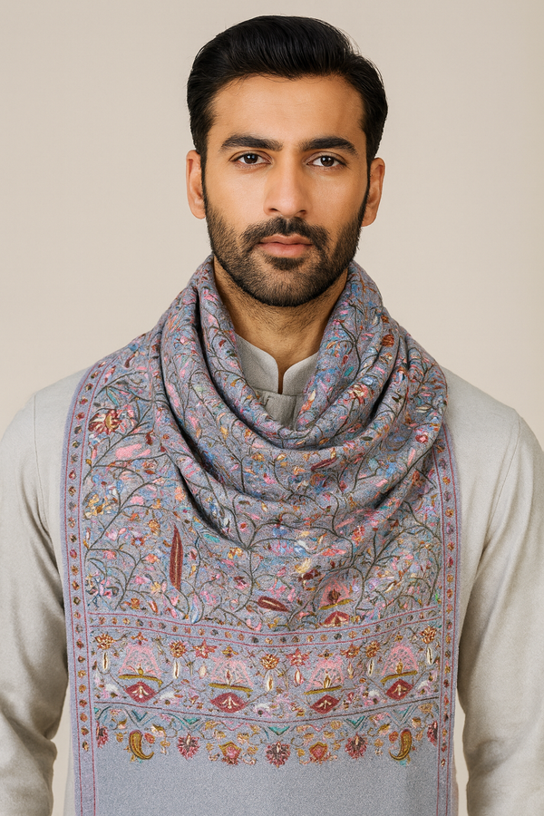 Printed Bamboo Silk Mens Shawl – Grey Floral Classic Wrap (80 x 40 Inches)