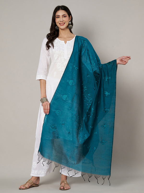 Blue Chanderi Cotton Dupatta with Subtle Floral Embroidery (Size: 2.5x1 m Approx)