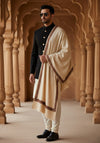 Beige Woolen Mens Shawl with Traditional Multicolour Embroidered Border (80 x 40 Inches)