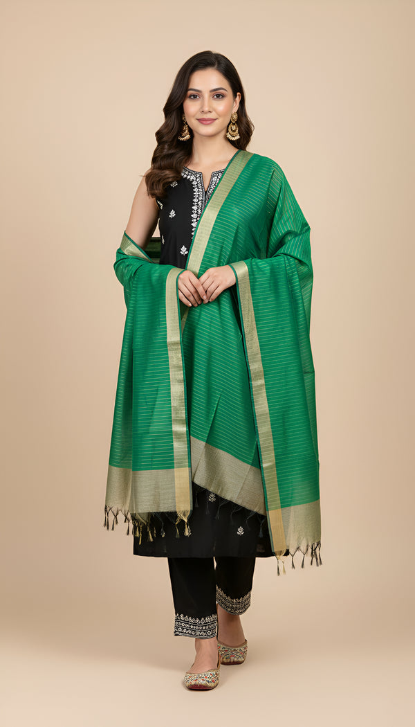 Light Green Striped Silk Dupatta with Zari Border | Elegant Ethnic Drape (2.5 Metres Approx.)