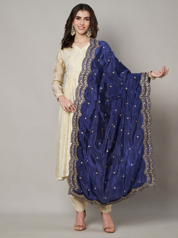 Blue Chinon Dupatta with Scalloped Embroidered Border & Sequin Motifs (Size: 2.5x1 m Approx)