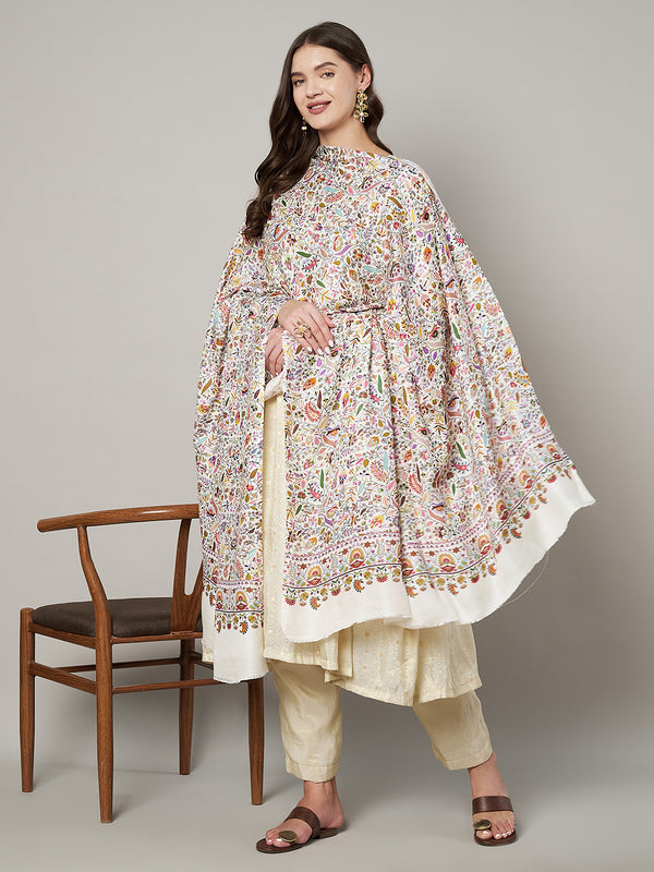 Bamboo Silk White Kashmiri Women Stole with Traditional Paisley Jaal | Soft & Elegant | 80×28 Inches