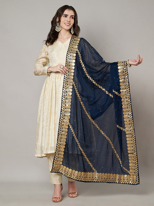 Blue Chinon Dupatta with Gota Patti Border & Sequin Detailing (Size: 2.5x1 m Approx)