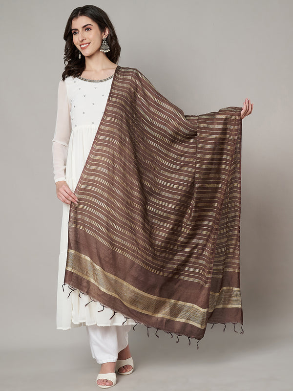 Brown & Olive Cotton Dupatta with Subtle Striped Weave and Woven Border (Size: 2.5x1 m Approx)