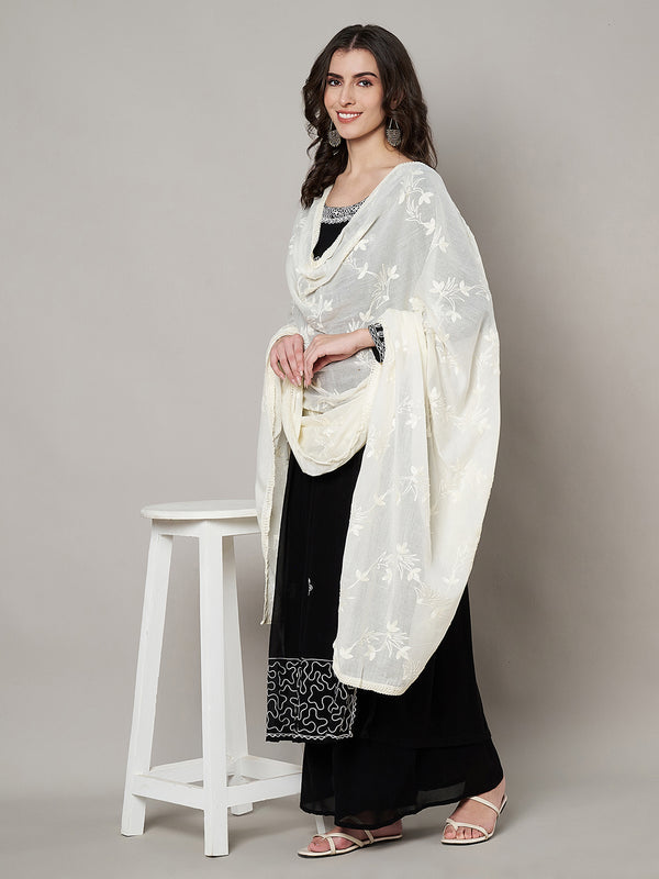 Soft White Dupatta with Cotton Thread Floral Embroidery & Lace Border (Size: 2.5x1 m Approx)