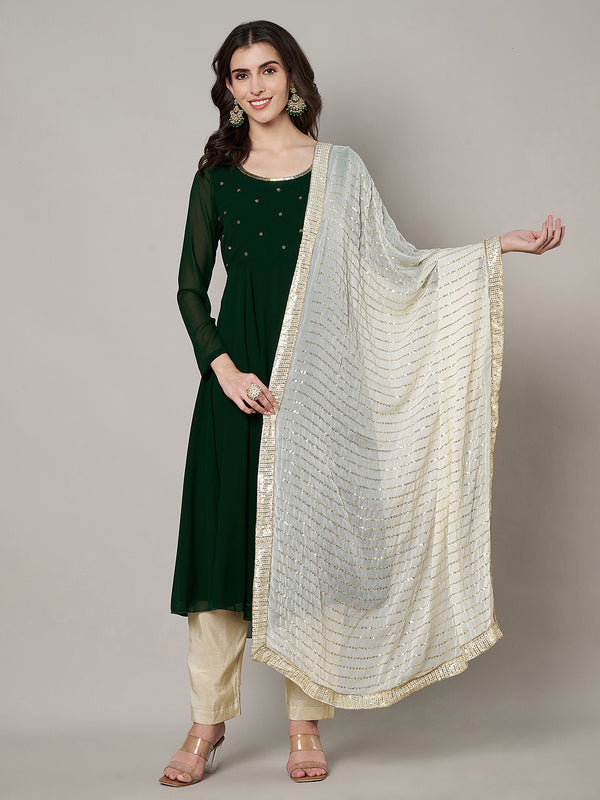 Ivory Chinon Dupatta with Gold Stripe Sequin Work & Gota Border (Size: 2.5x1 m Approx)