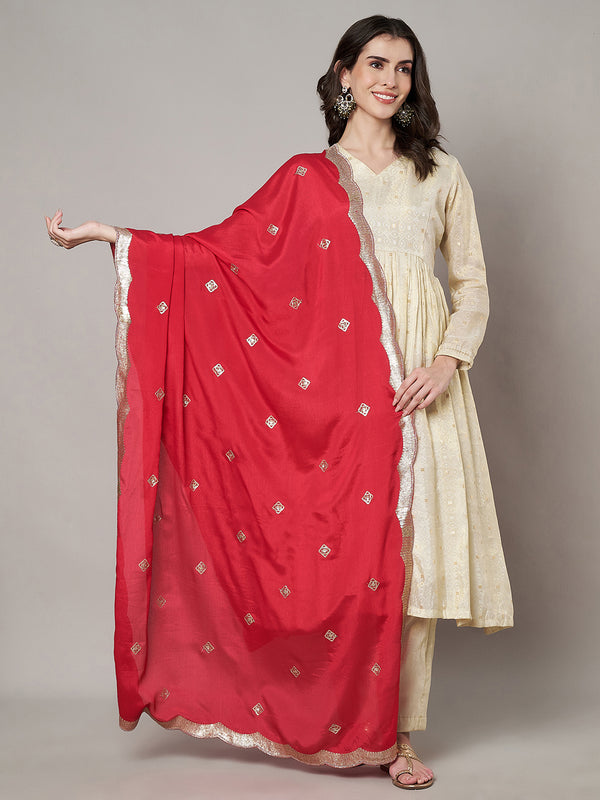 Red Chiffon Dupatta with Gold Motif Embellishment & Scalloped Border (Size: 2.5x1 m Approx)
