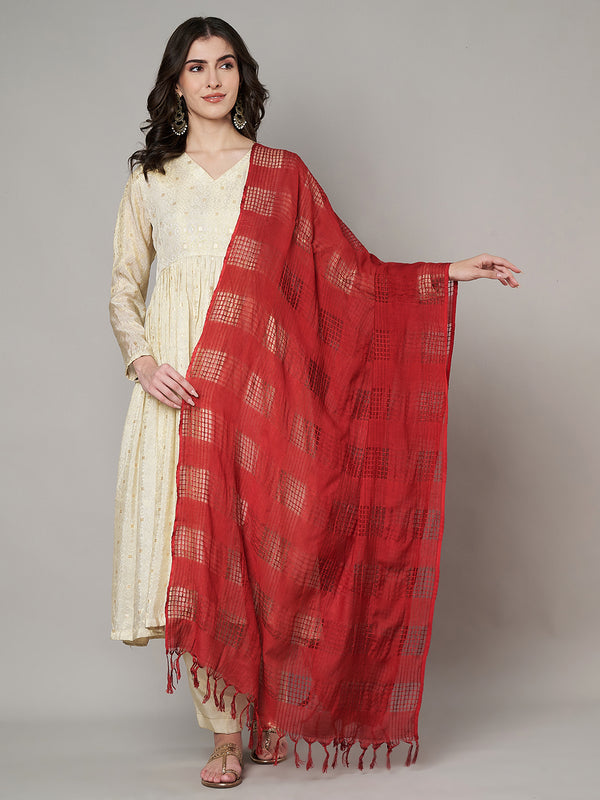 Red Cotton Woven Check Dupatta with Tassel Detailing (Size: 2.5x1 m Approx)