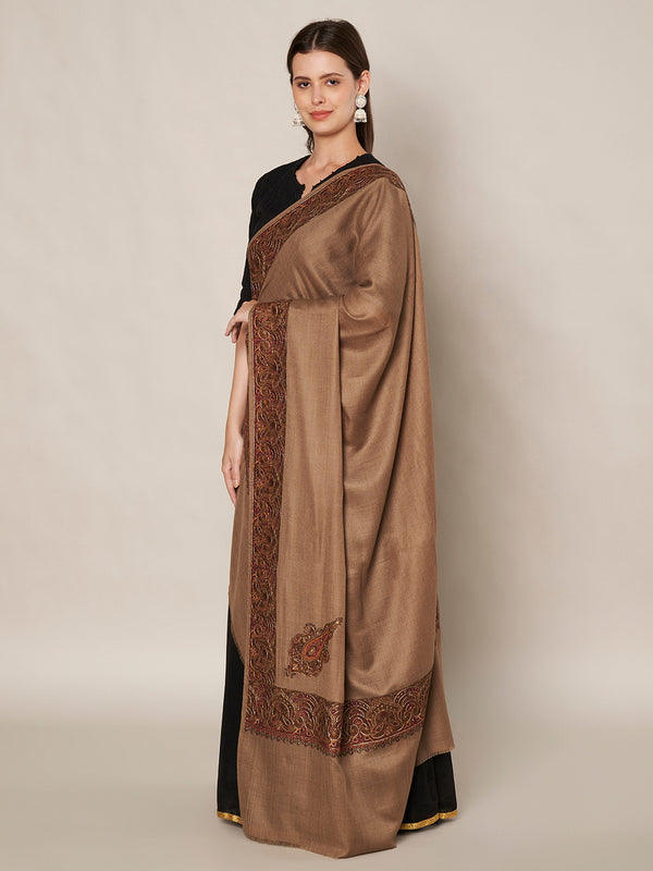 Elegant Brown Woolen Women Shawl with Embroidered Border – Ethnic Wrap (80 x 40 Inches)