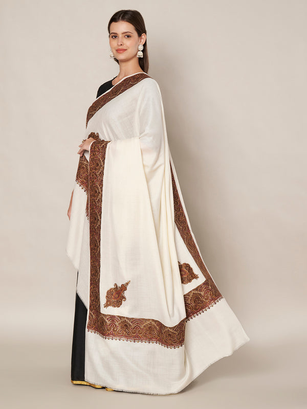 Elegant White Woolen Women Shawl with Embroidered Border – Ethnic Wrap (80 x 40 Inches)