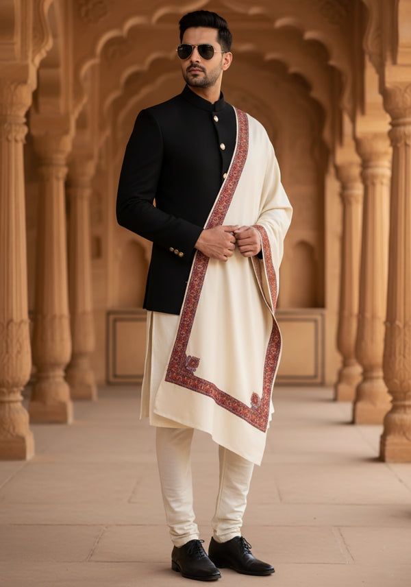 Woolen Mens Shawl in Ivory with Multicolour Kashmiri-Inspired Embroidered Border (80 x 40 Inches)