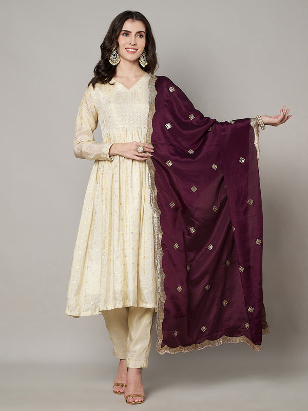 Wine Chiffon Dupatta with Gold Motif Embellishment & Scalloped Border (Size: 2.5x1 m Approx)