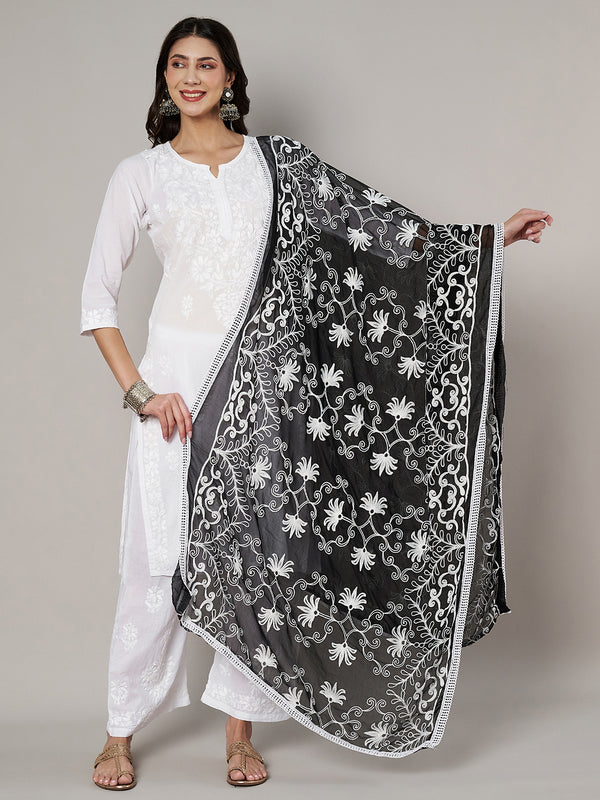 Black Karachi Chiffon Dupatta with Elegant Thread Embroidery (Size: 2.5x1 m Approx)