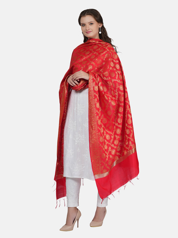 Red Banarasi Silk Dupatta with All-Over Woven Floral Motifs & Rich Zari Border (Size: 2.5x1 m Approx)