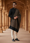 Woolen Mens Shawl in Black with All-Over Floral Jaal Weave (80 x 40 Inches)