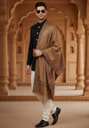 Woolen Mens Shawl in Brown with Multicolour Kashmiri-Inspired Embroidered Border (80 x 40 Inches)