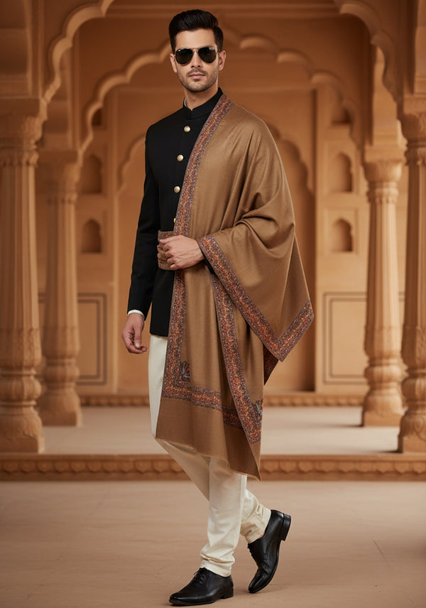 Woolen Mens Shawl in Brown with Multicolour Kashmiri-Inspired Embroidered Border (80 x 40 Inches)