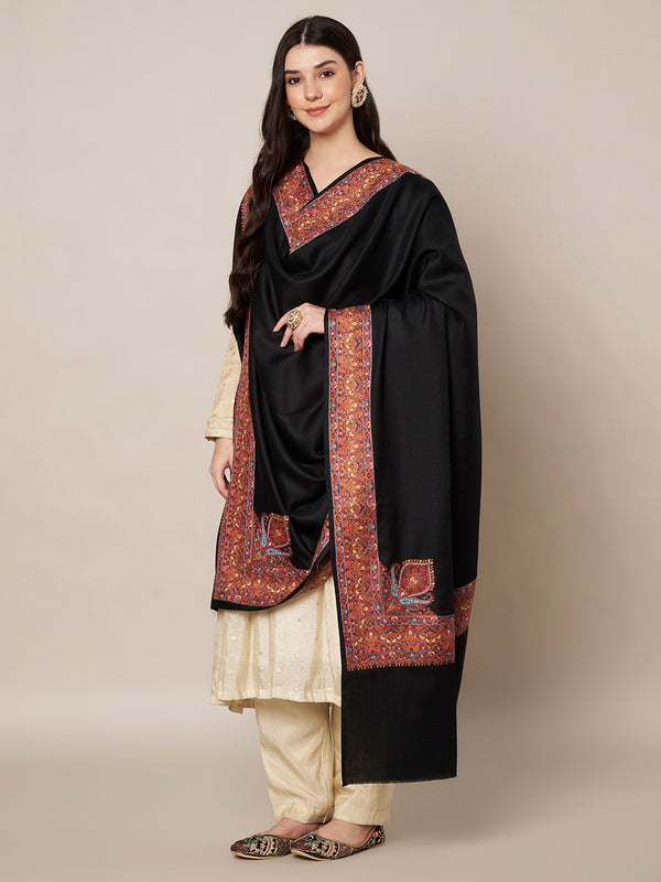 Woolen Women Shawl in Black with Multicolour Kashmiri-Inspired Embroidered Border (80 x 40 Inches)
