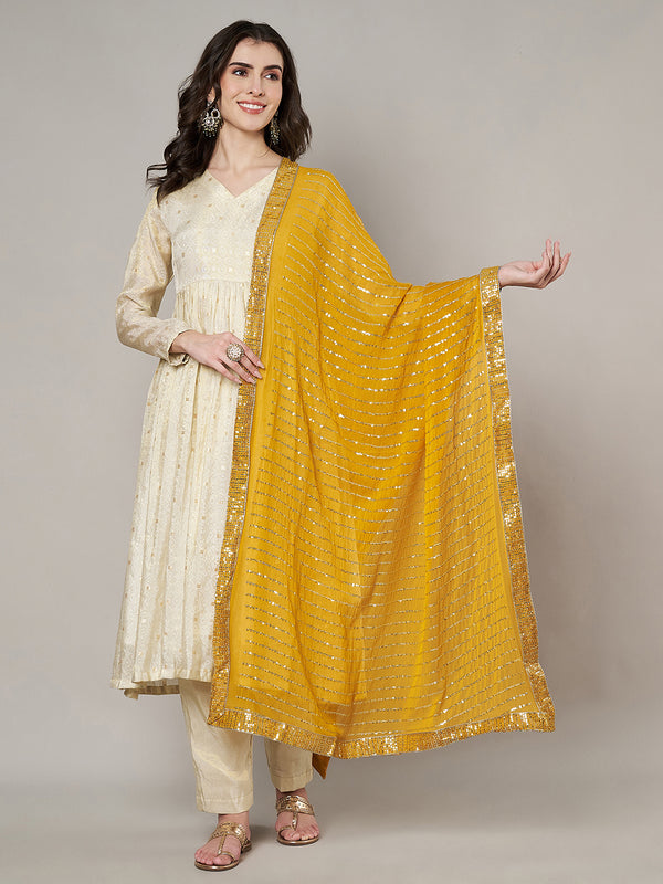 Yellow Chinon Dupatta with Gold Stripe Sequin Work & Gota Border (Size: 2.5x1 m Approx)