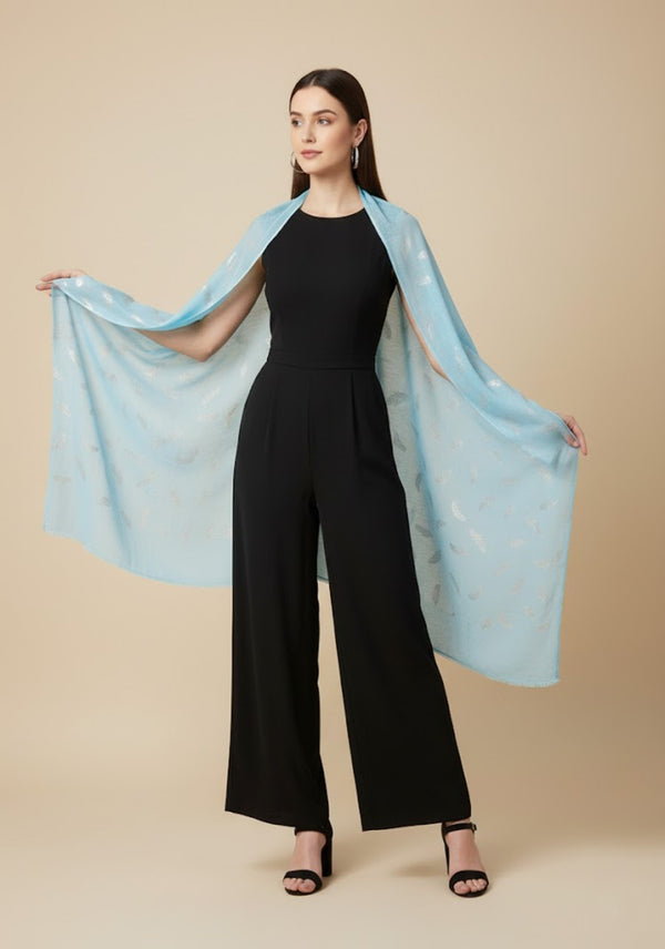 Micro Wool Blue Feather Motif Women Stole | Soft Wrap with Subtle Woven Accents (80 × 28 Inches)