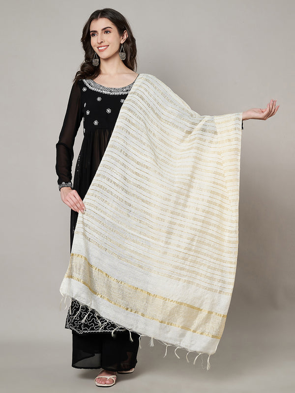 White & Olive Cotton Dupatta with Subtle Striped Weave and Woven Border (Size: 2.5x1 m Approx)