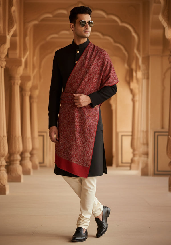 Woolen Mens Shawl in Maroon with All-Over Floral Jaal Weave (80 x 40 Inches)