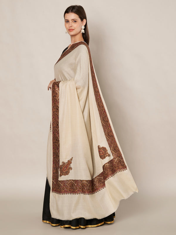 Elegant Beige Woolen Women Shawl with Embroidered Border – Ethnic Wrap (80 x 40 Inches)